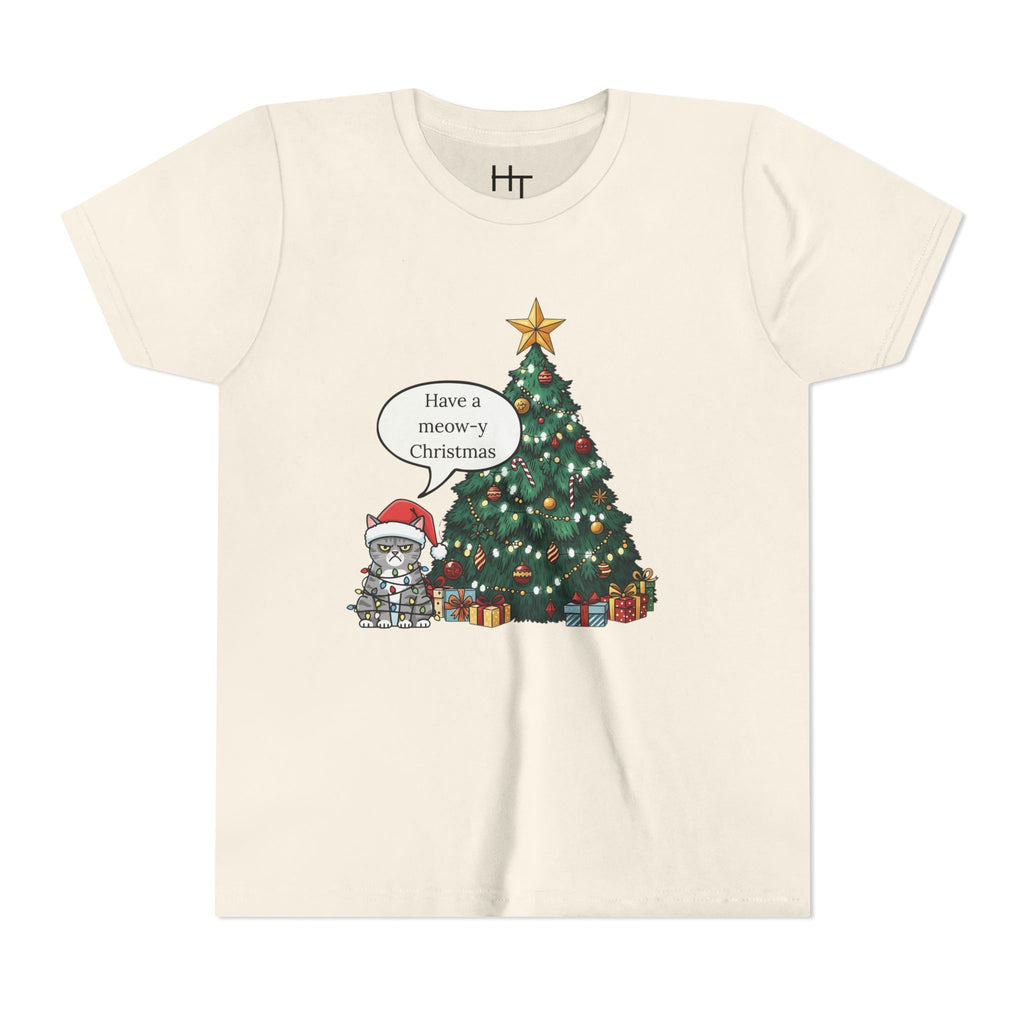 Youth Tee — "Have a Meowy Christmas" Cat & Christmas Tree Holiday Shirt