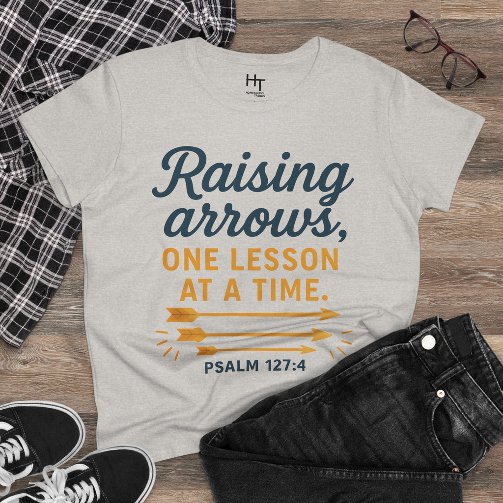 Raising Arrows T-Shirt — "Raising arrows, one lesson at a time. Psalm 127:4" Faith Mom Tee