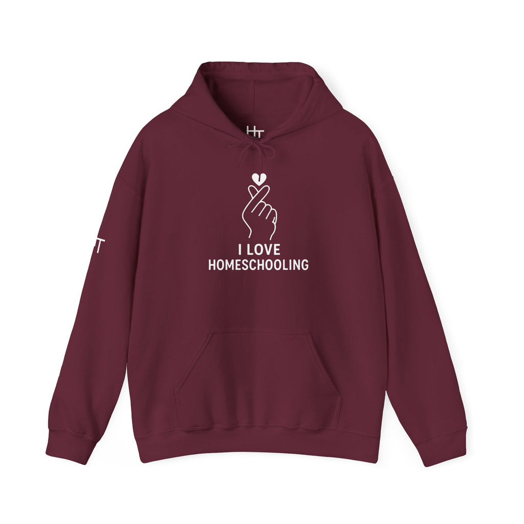 I Love Homeschooling Adult Hoodie — Minimal Heart Finger Design for Homeschool Students/Parents