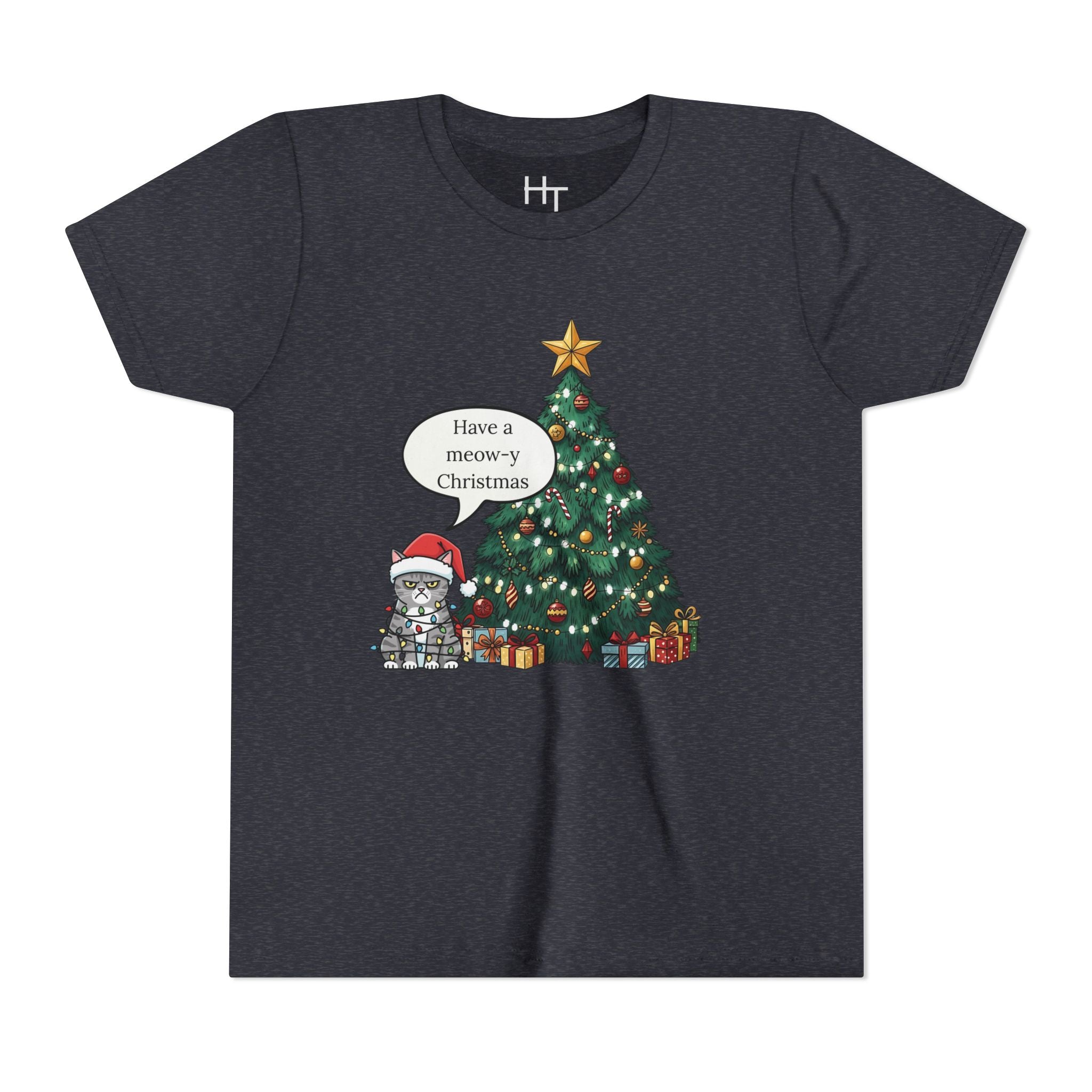 Youth Tee — "Have a Meowy Christmas" Cat & Christmas Tree Holiday Shirt