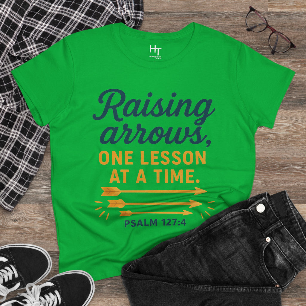 Raising Arrows T-Shirt — "Raising arrows, one lesson at a time. Psalm 127:4" Faith Mom Tee