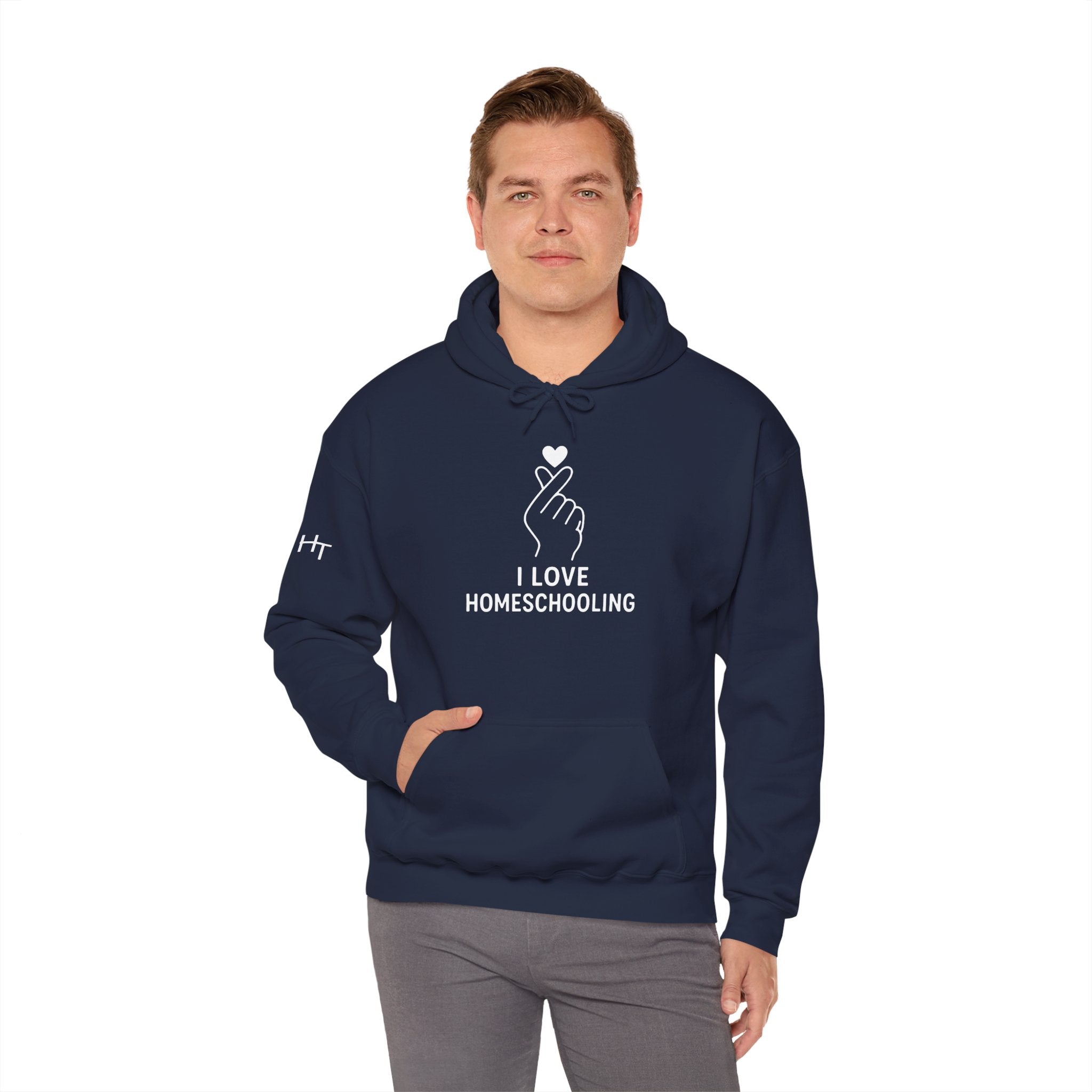 I Love Homeschooling Adult Hoodie — Minimal Heart Finger Design for Homeschool Students/Parents