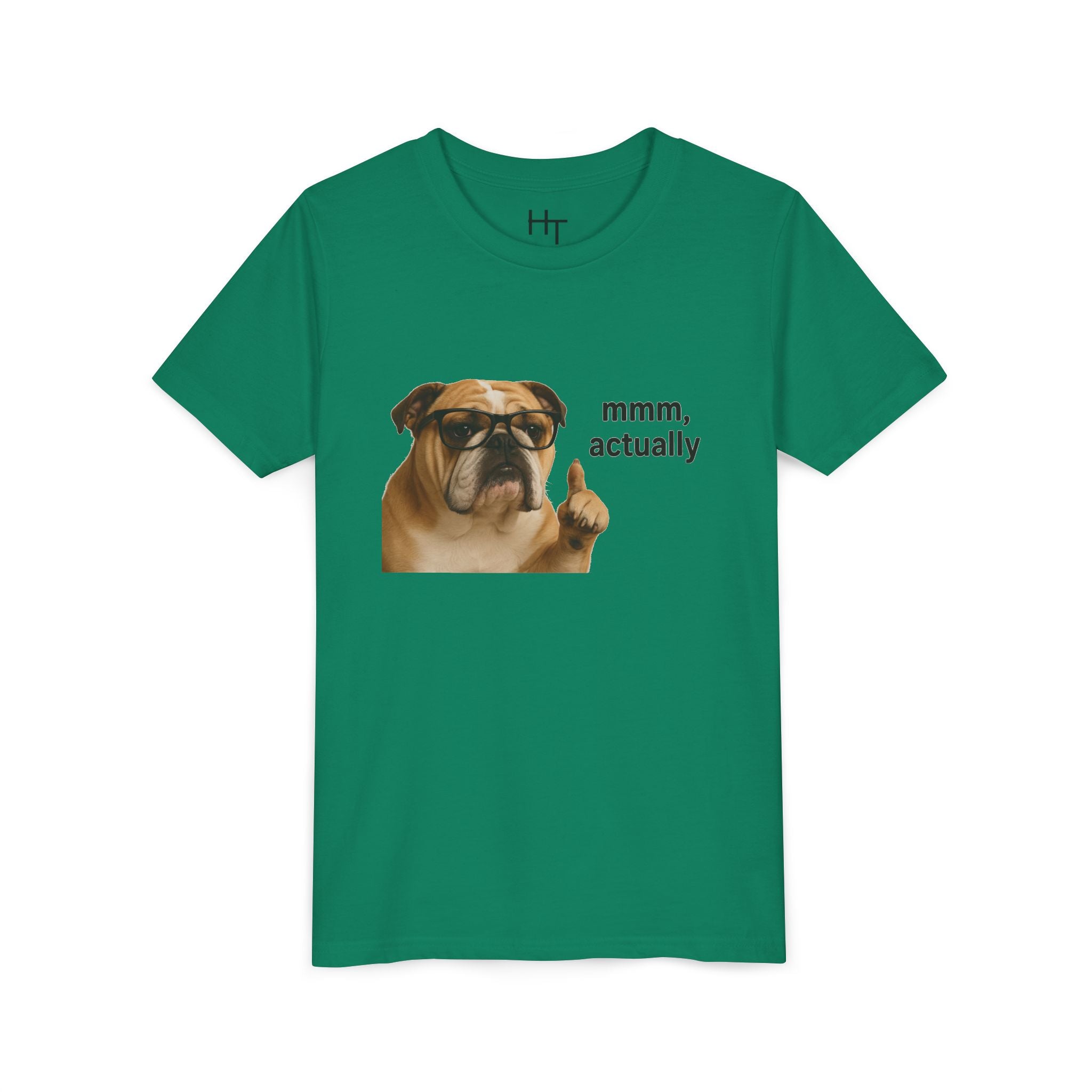 Youth Tee — Funny Bulldog Graphic “mmm, actually” Kids Shirt