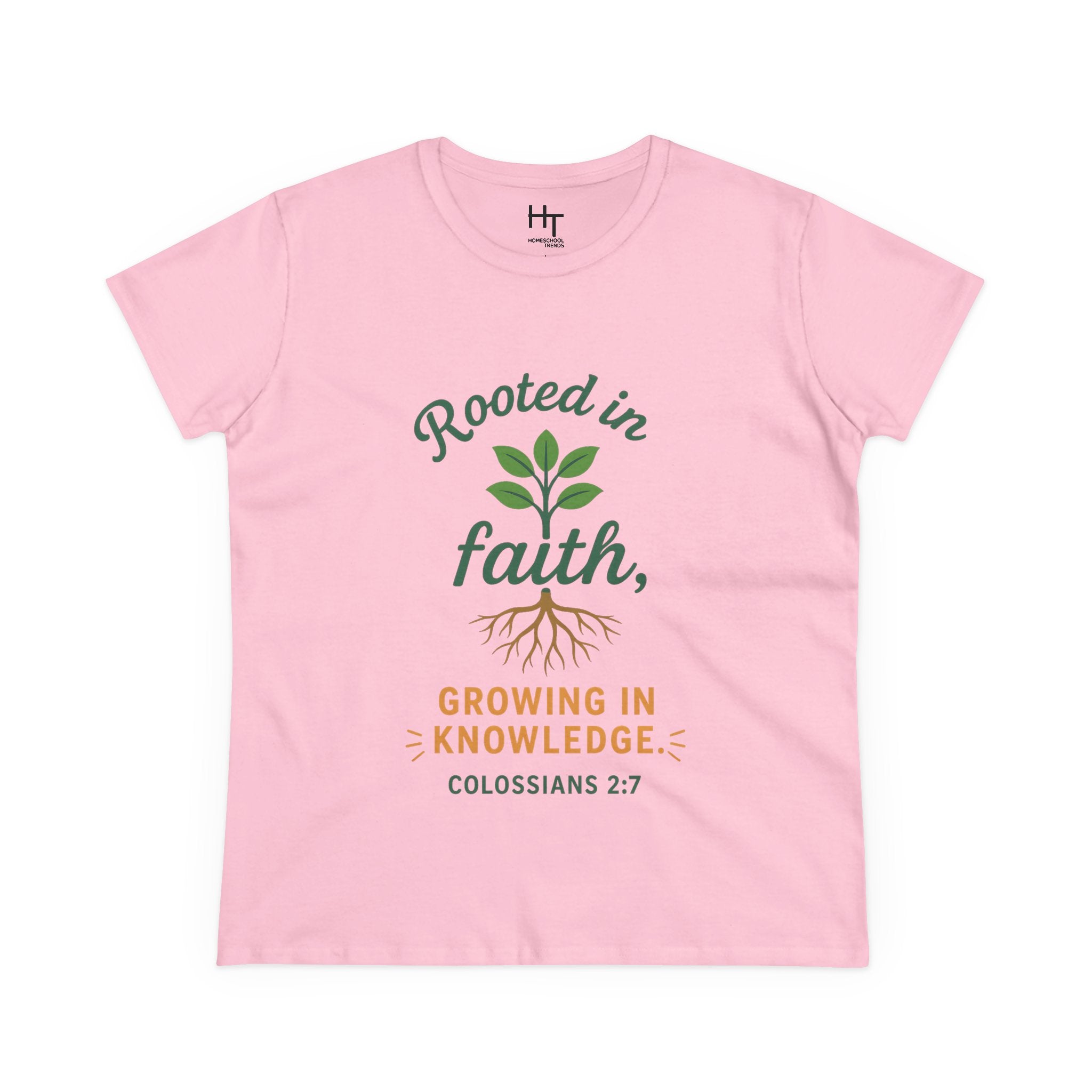 Rooted in Faith Women's Tee — "Growing in Knowledge" Colossians 2:7 Christian T-Shirt