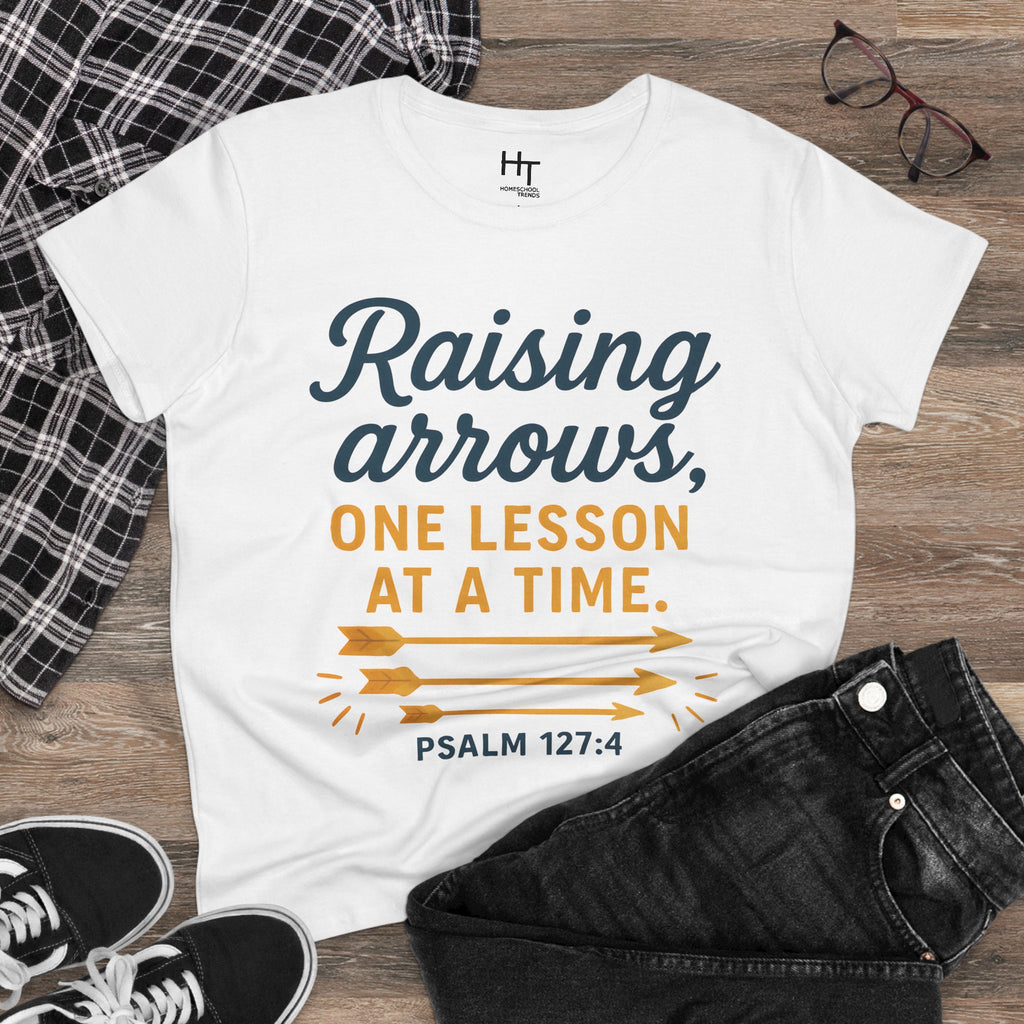 Raising Arrows T-Shirt — "Raising arrows, one lesson at a time. Psalm 127:4" Faith Mom Tee