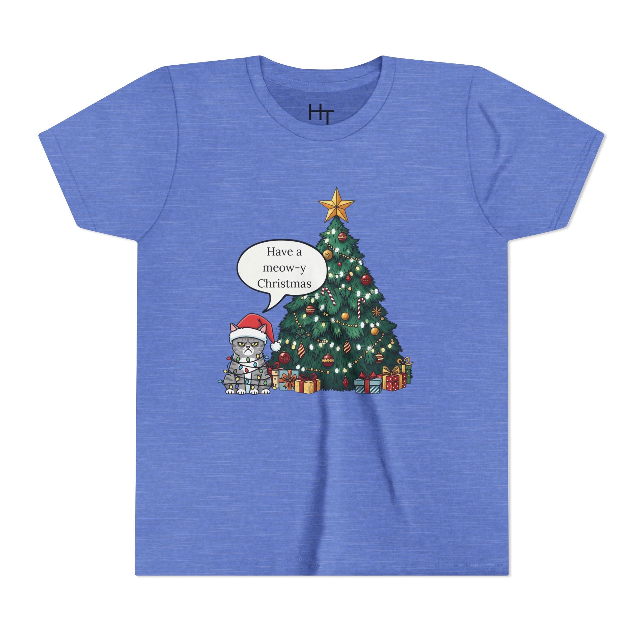Youth Tee — "Have a Meowy Christmas" Cat & Christmas Tree Holiday Shirt
