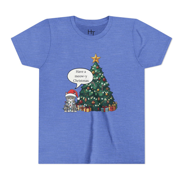 Youth Tee — "Have a Meowy Christmas" Cat & Christmas Tree Holiday Shirt