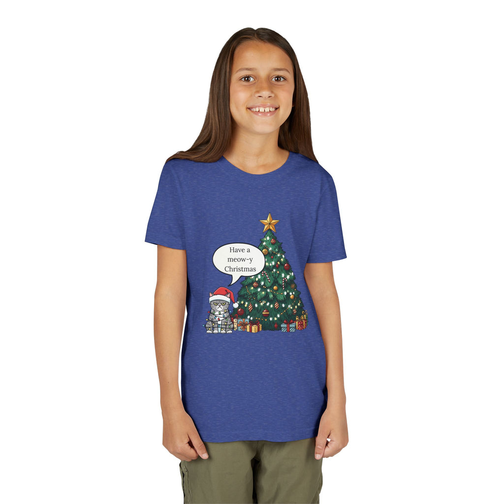 Youth Tee — "Have a Meowy Christmas" Cat & Christmas Tree Holiday Shirt