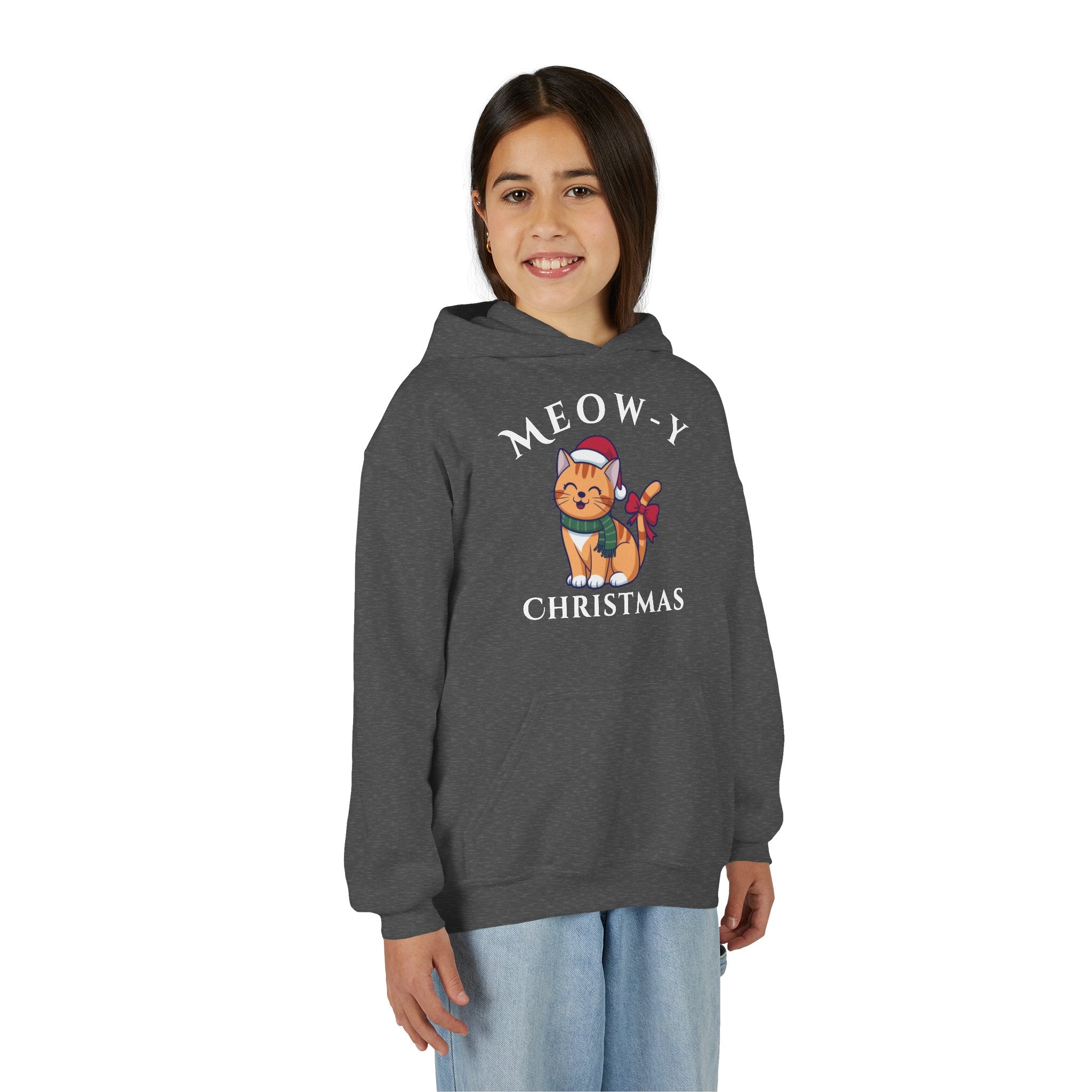 Meowy Christmas Youth Hoodie — Cute Cat Santa Holiday Sweatshirt