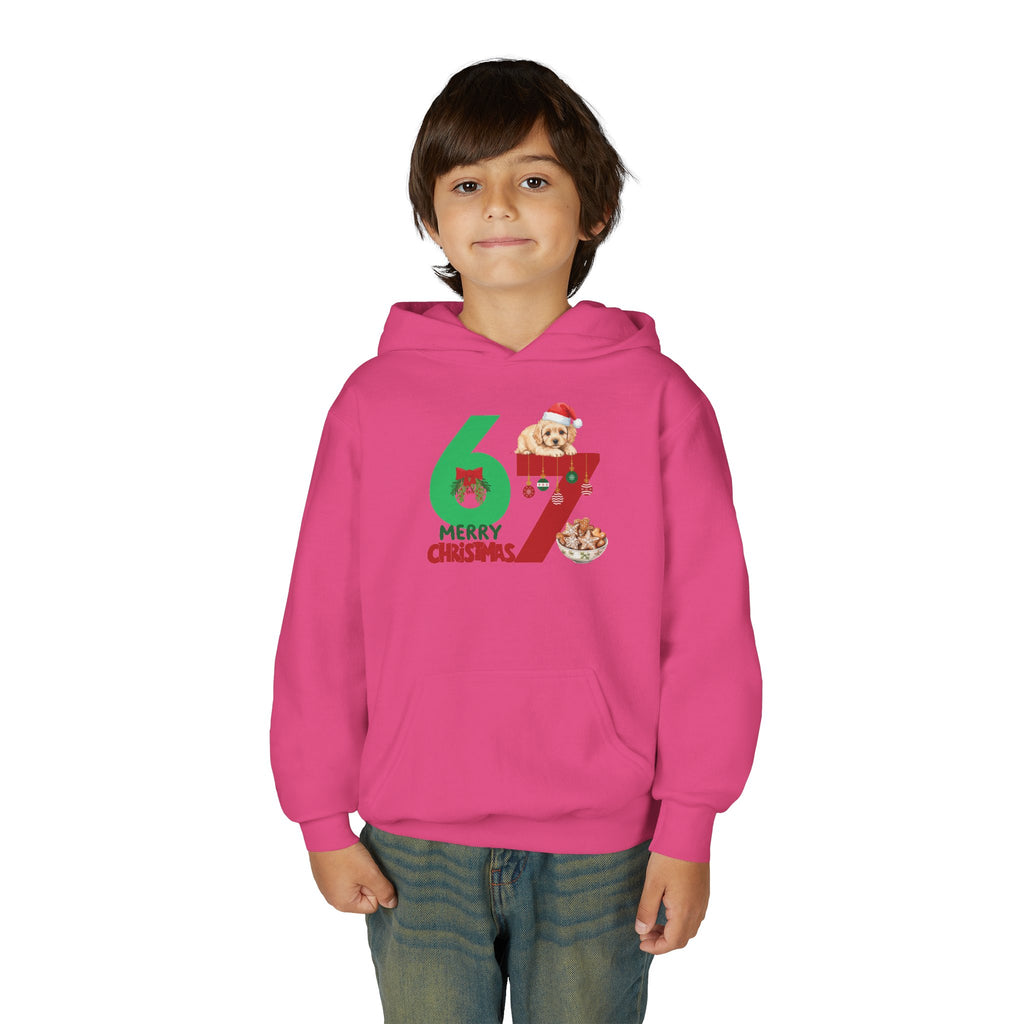 Youth Christmas Hoodie "67 Merry Christmas" Cute Santa Puppy Design