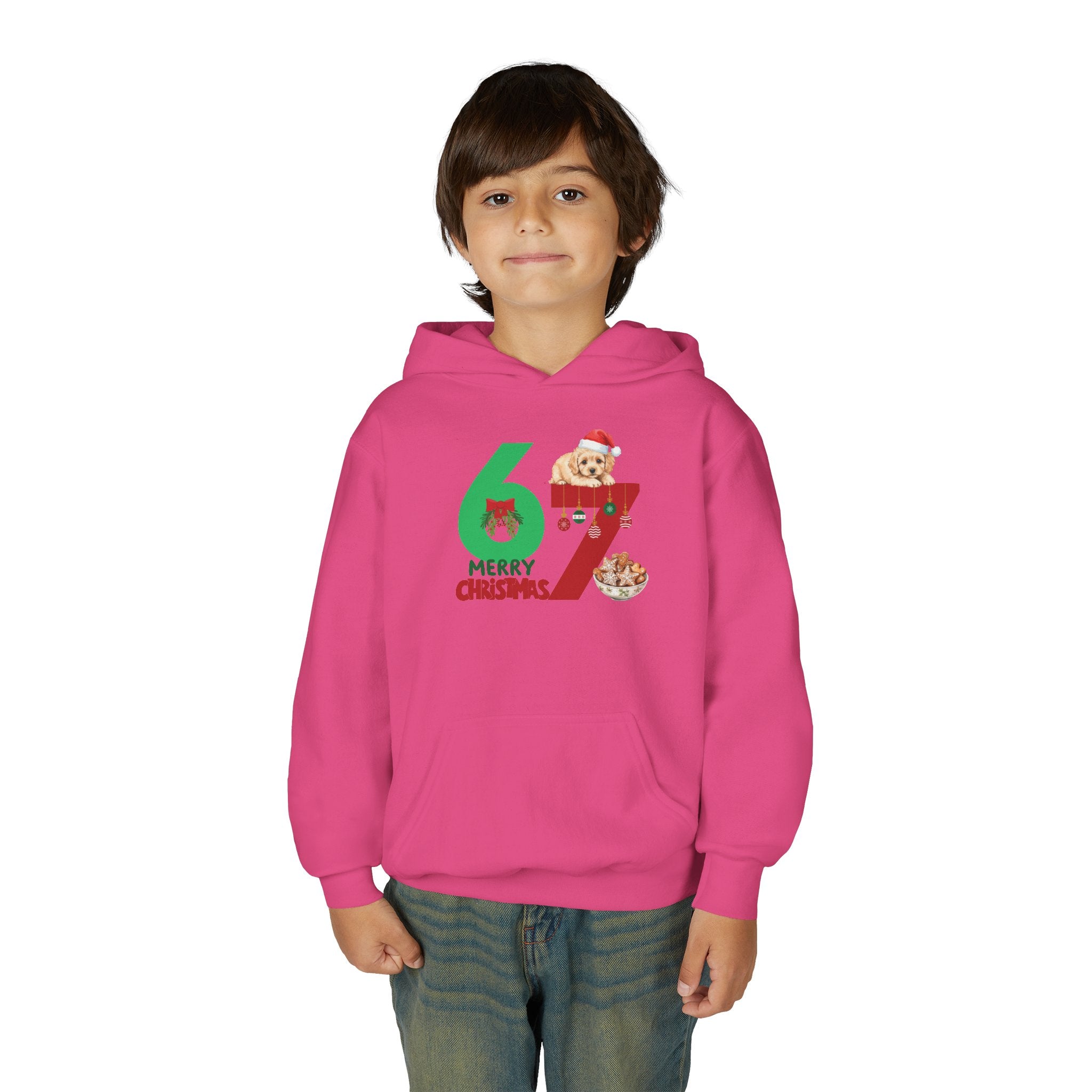 Youth Christmas Hoodie "67 Merry Christmas" Cute Santa Puppy Design