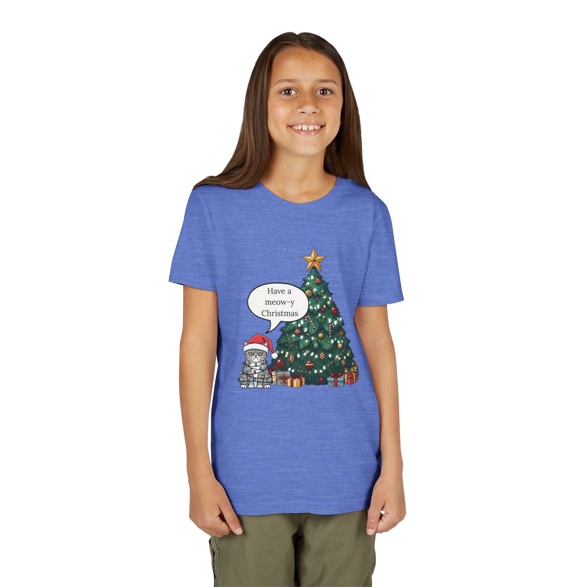 Youth Tee — "Have a Meowy Christmas" Cat & Christmas Tree Holiday Shirt