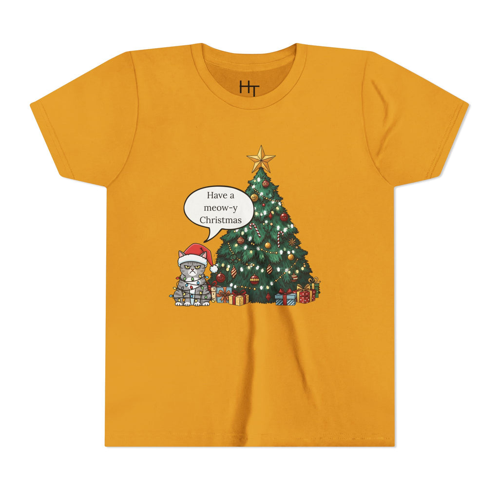 Youth Tee — "Have a Meowy Christmas" Cat & Christmas Tree Holiday Shirt