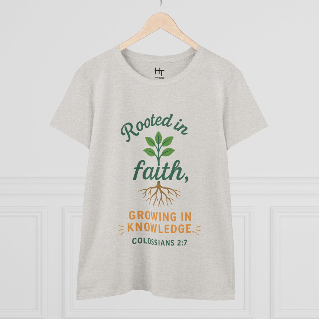 Rooted in Faith Women's Tee — "Growing in Knowledge" Colossians 2:7 Christian T-Shirt