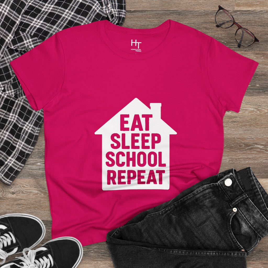Eat Sleep School Repeat T-Shirt — Women’s Casual Graphic Tee for Homeschoolers