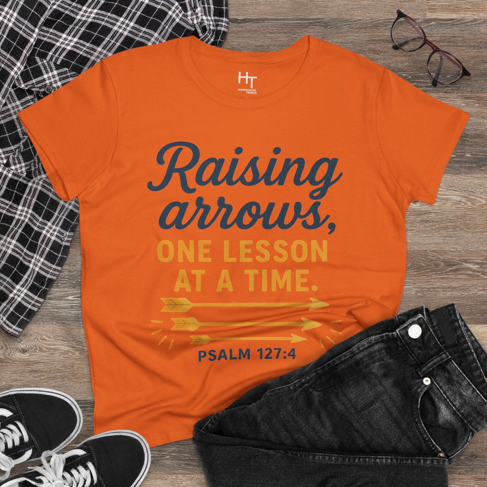 Raising Arrows T-Shirt — "Raising arrows, one lesson at a time. Psalm 127:4" Faith Mom Tee