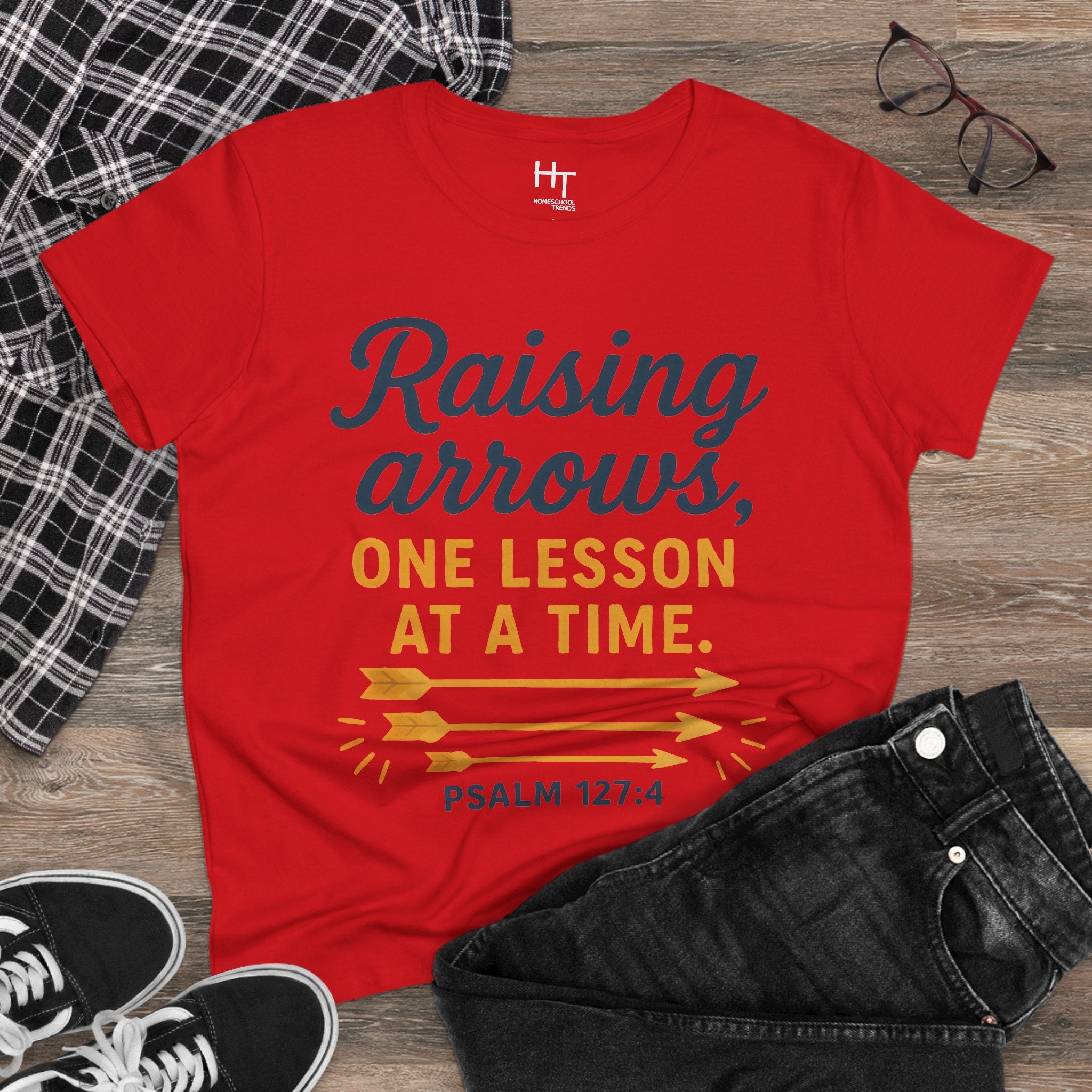 Raising Arrows T-Shirt — "Raising arrows, one lesson at a time. Psalm 127:4" Faith Mom Tee