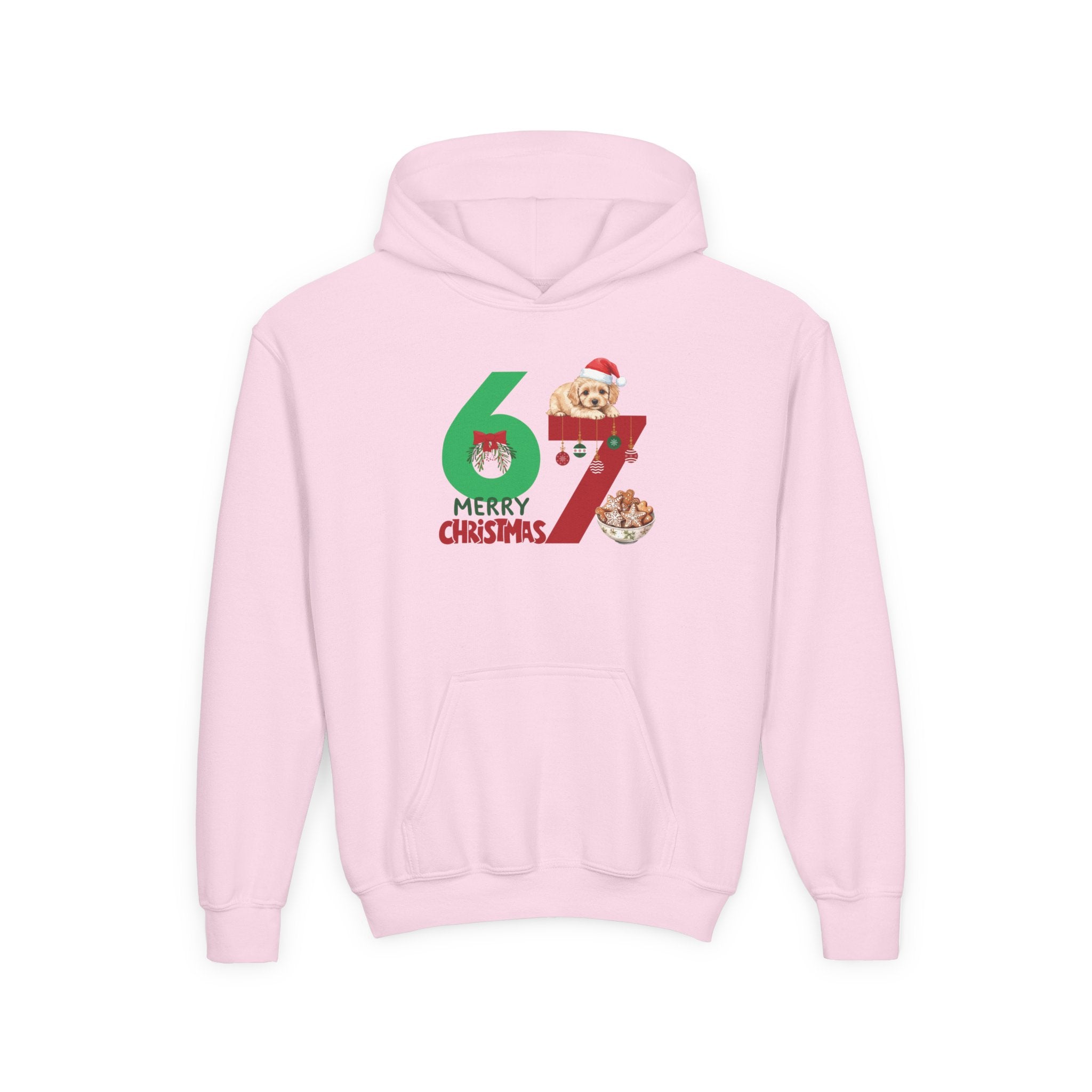 Youth Christmas Hoodie "67 Merry Christmas" Cute Santa Puppy Design