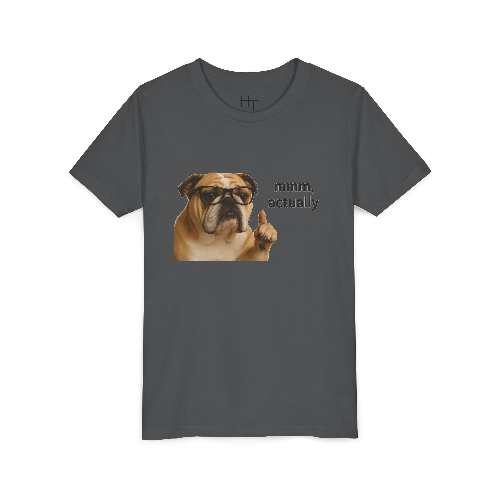 Youth Tee — Funny Bulldog Graphic “mmm, actually” Kids Shirt