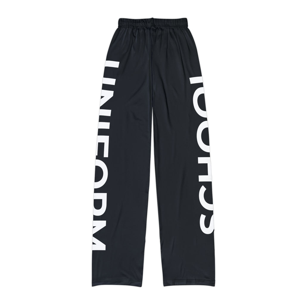 Kids Lounge Pants — Black AOP with Bold 'SCHOOL' and 'UNIFORM' side strips