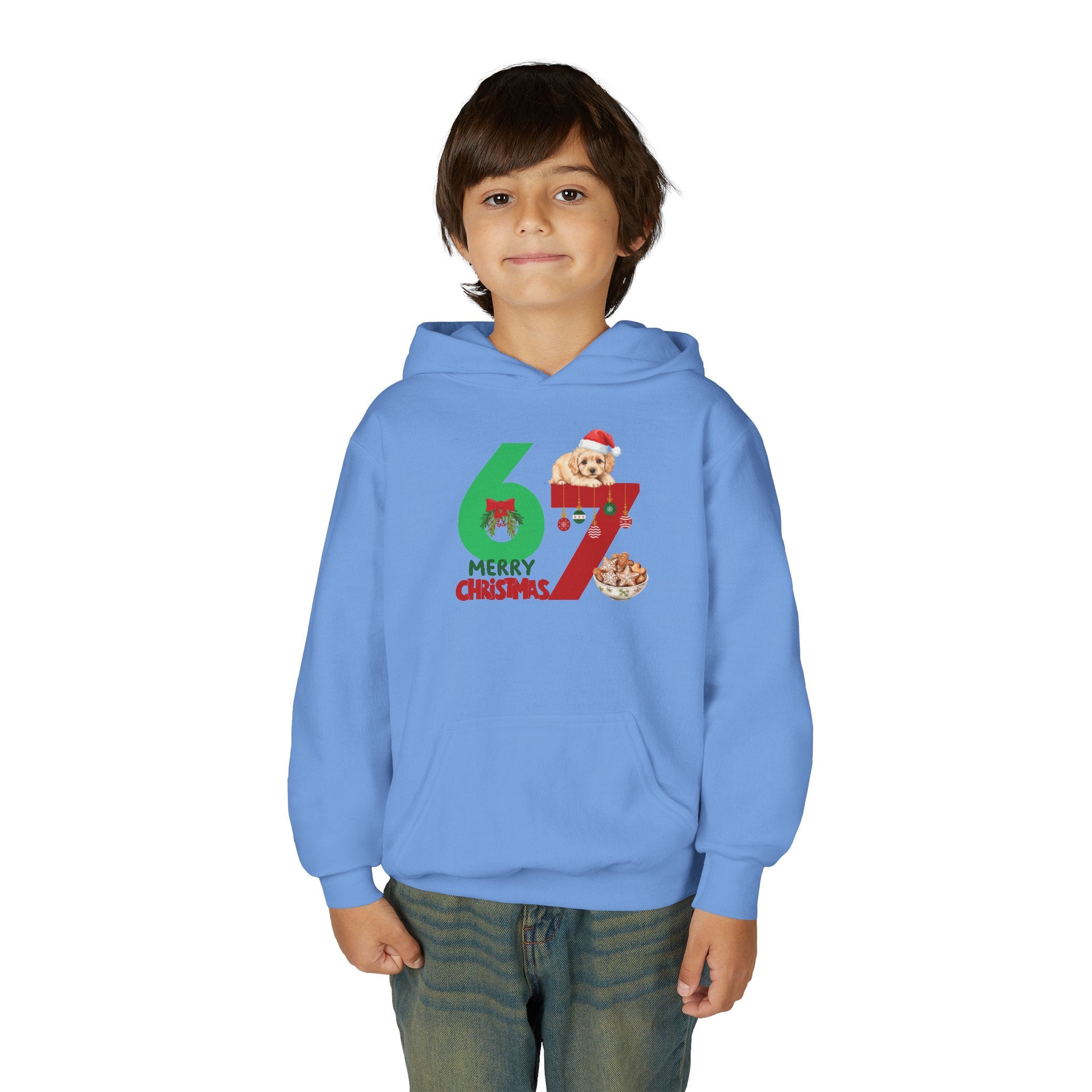 Youth Christmas Hoodie "67 Merry Christmas" Cute Santa Puppy Design