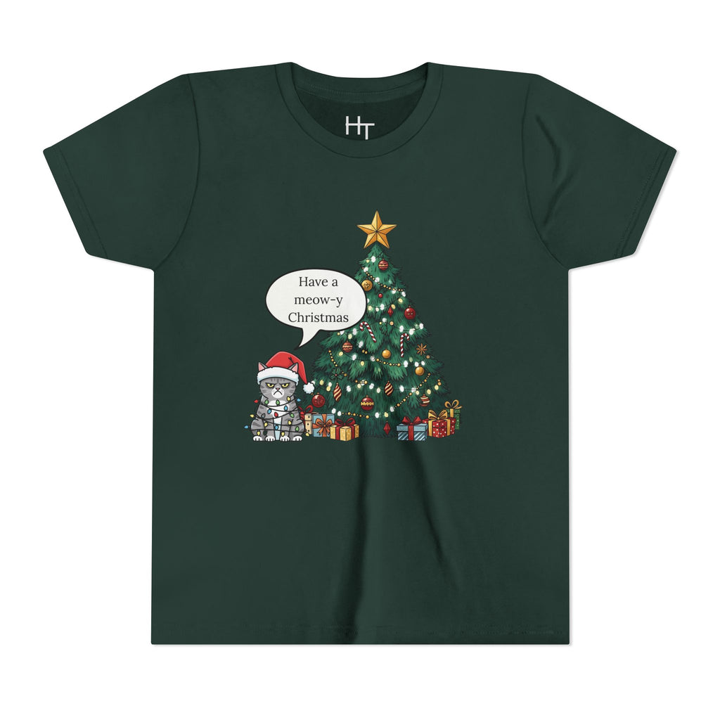 Youth Tee — "Have a Meowy Christmas" Cat & Christmas Tree Holiday Shirt
