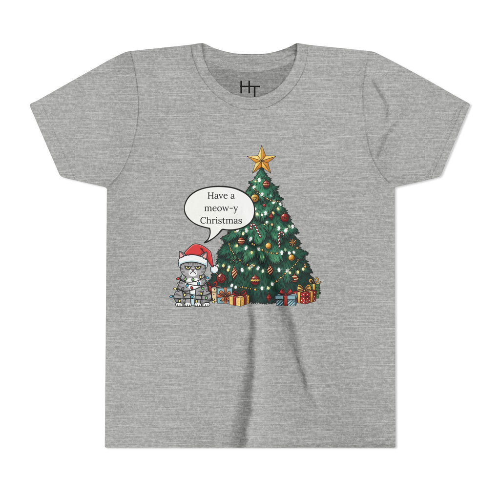 Youth Tee — "Have a Meowy Christmas" Cat & Christmas Tree Holiday Shirt