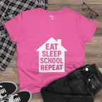 Eat Sleep School Repeat T-Shirt — Women’s Casual Graphic Tee for Homeschoolers