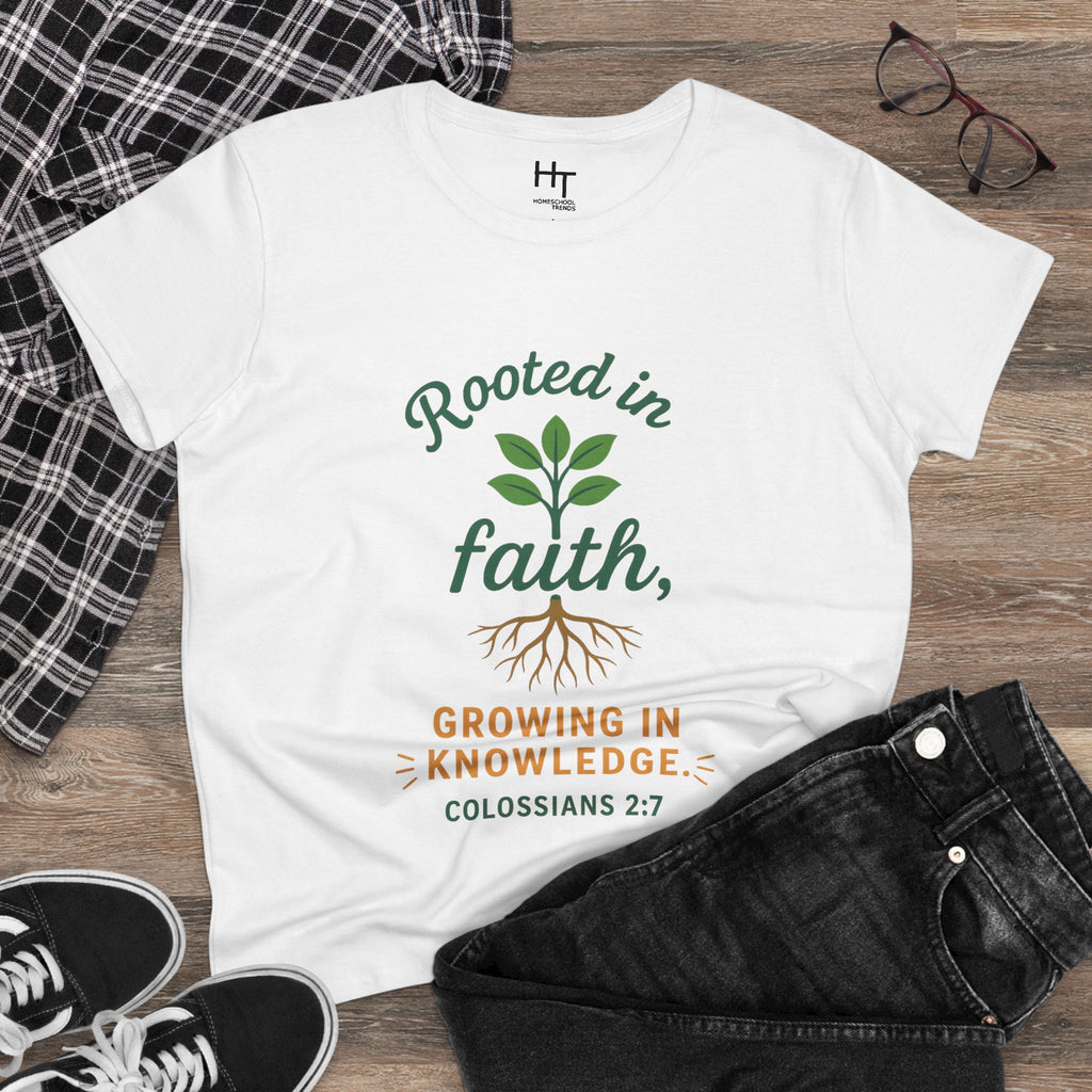 Rooted in Faith Women's Tee — "Growing in Knowledge" Colossians 2:7 Christian T-Shirt