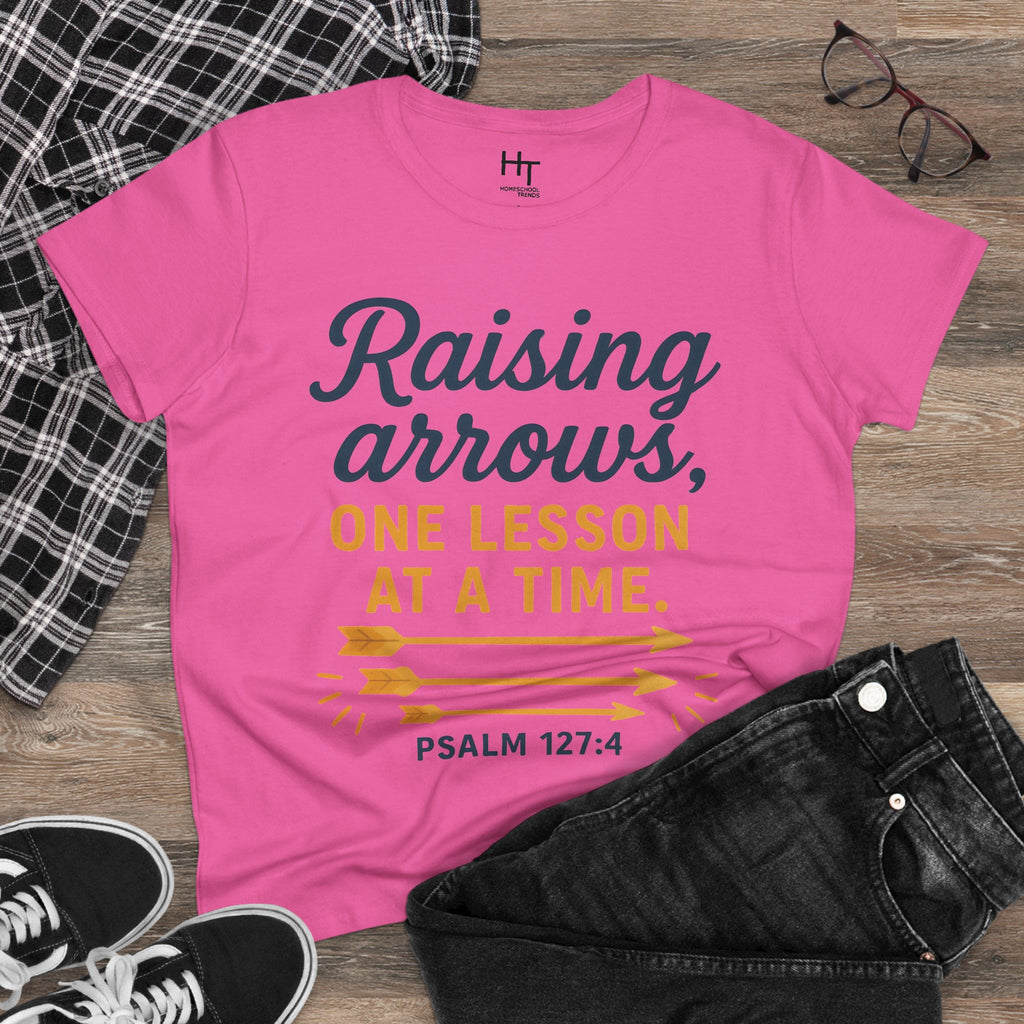 Raising Arrows T-Shirt — "Raising arrows, one lesson at a time. Psalm 127:4" Faith Mom Tee