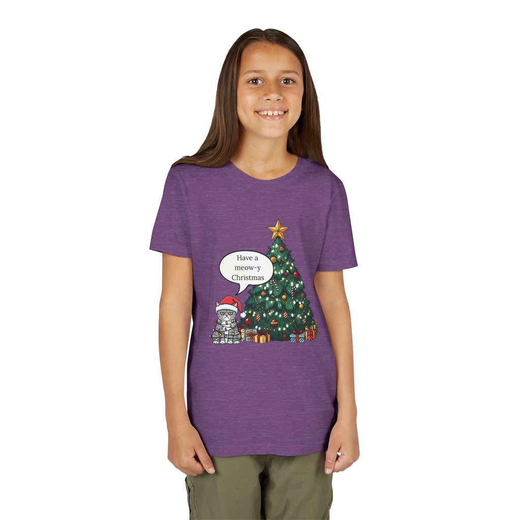 Youth Tee — "Have a Meowy Christmas" Cat & Christmas Tree Holiday Shirt