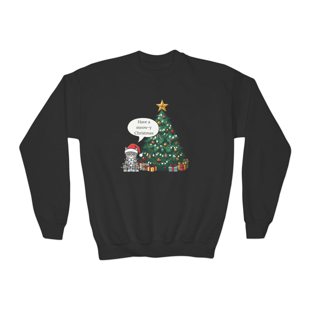 Youth Sweatshirt — Cute Kitty in Santa Hat Next to Decorated Christmas Tree (“Have a Meowy Christmas”)