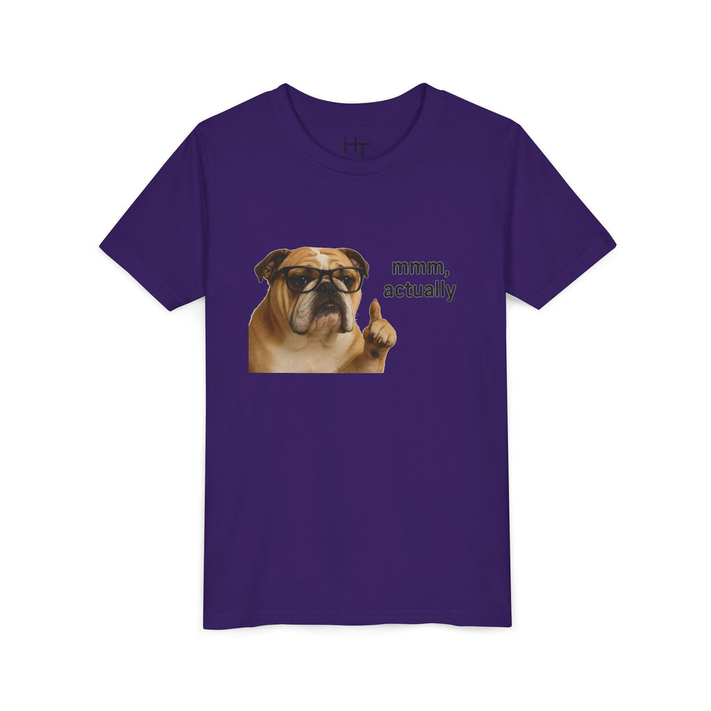 Youth Tee — Funny Bulldog Graphic “mmm, actually” Kids Shirt