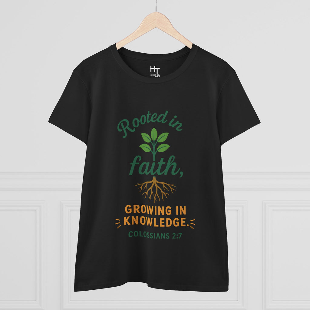 Rooted in Faith Women's Tee — "Growing in Knowledge" Colossians 2:7 Christian T-Shirt