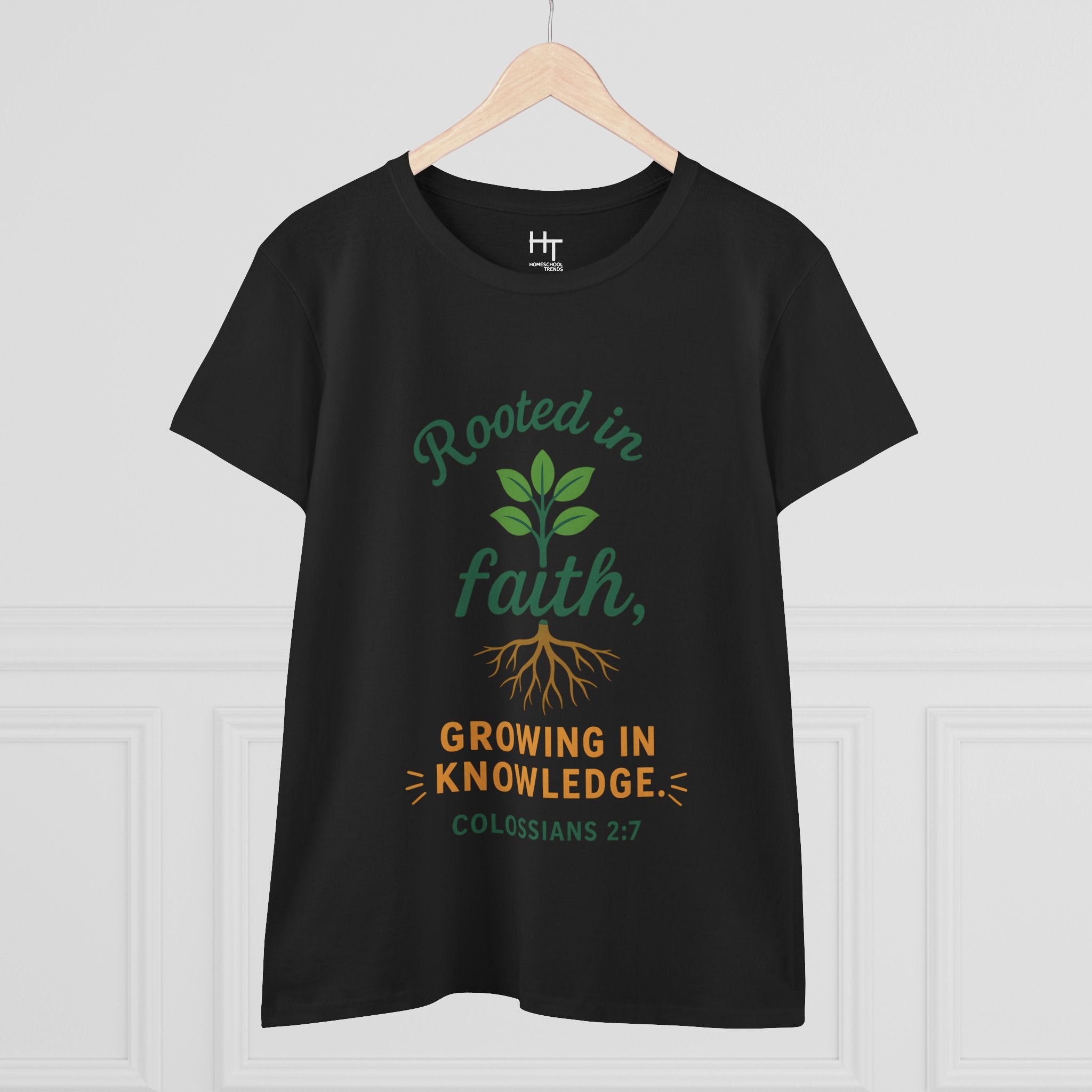 Rooted in Faith Women's Tee — "Growing in Knowledge" Colossians 2:7 Christian T-Shirt