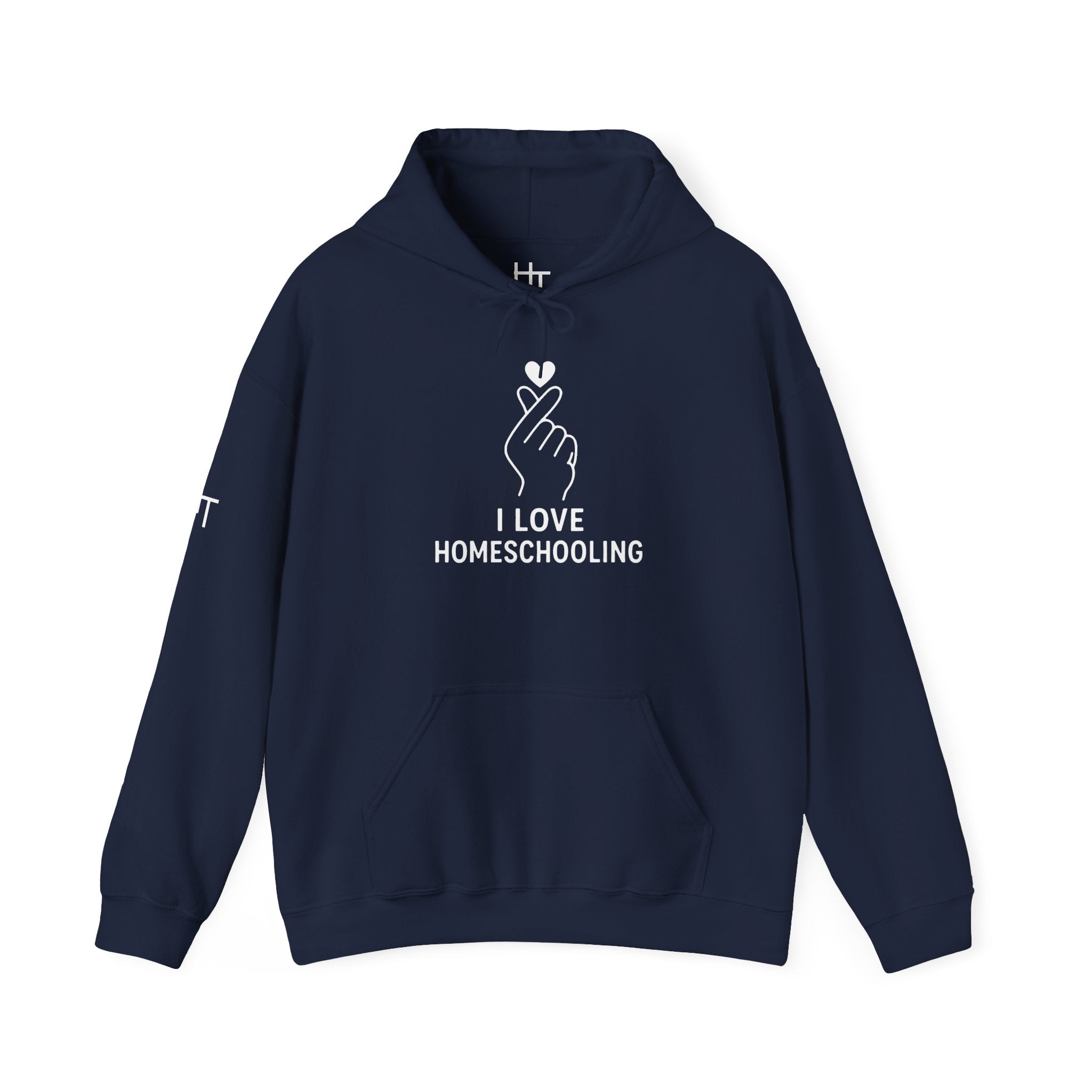 I Love Homeschooling Adult Hoodie — Minimal Heart Finger Design for Homeschool Students/Parents