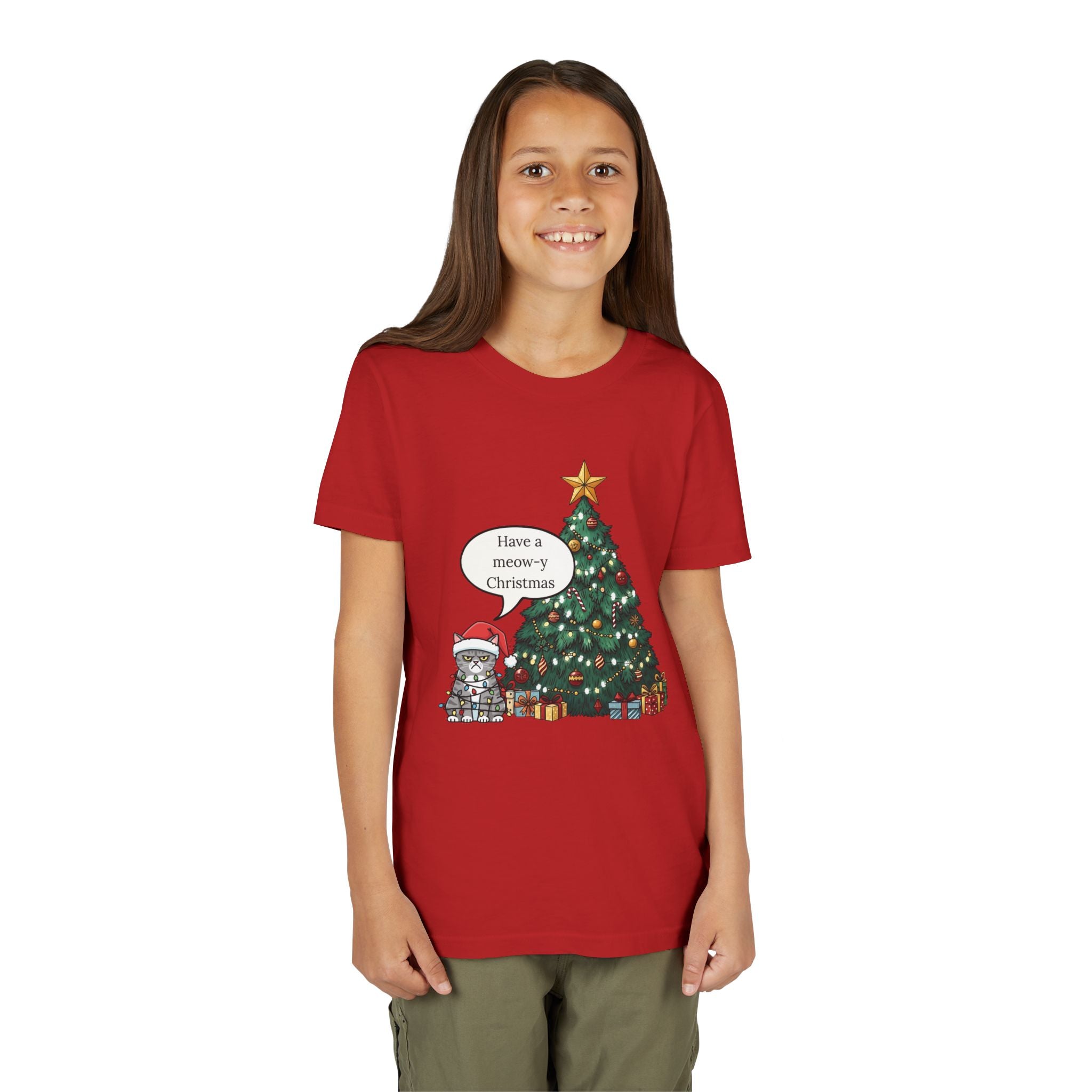Youth Tee — "Have a Meowy Christmas" Cat & Christmas Tree Holiday Shirt