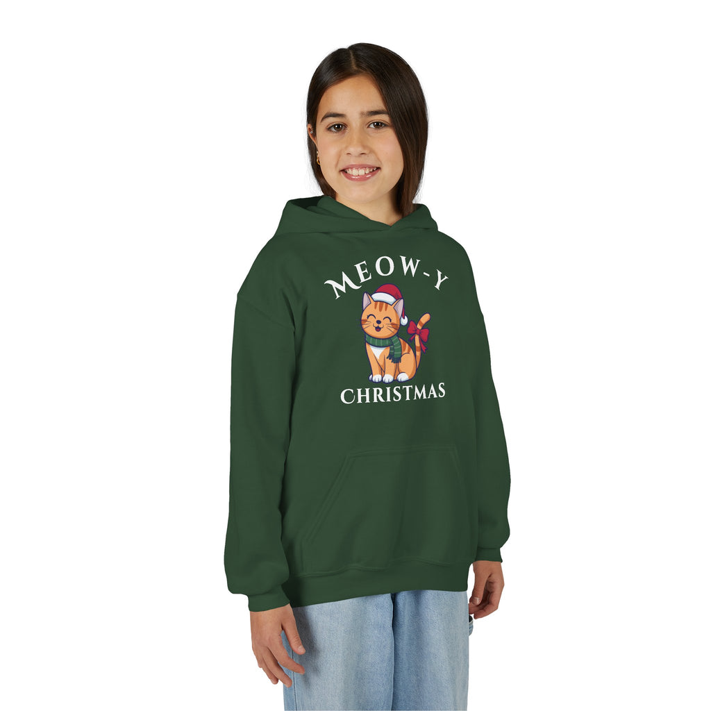 Meowy Christmas Youth Hoodie — Cute Cat Santa Holiday Sweatshirt