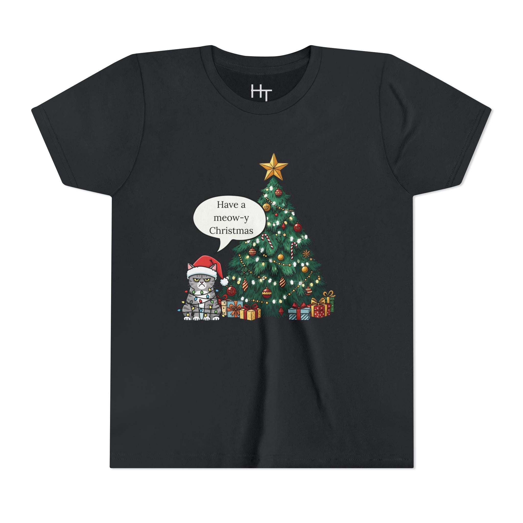 Youth Tee — "Have a Meowy Christmas" Cat & Christmas Tree Holiday Shirt
