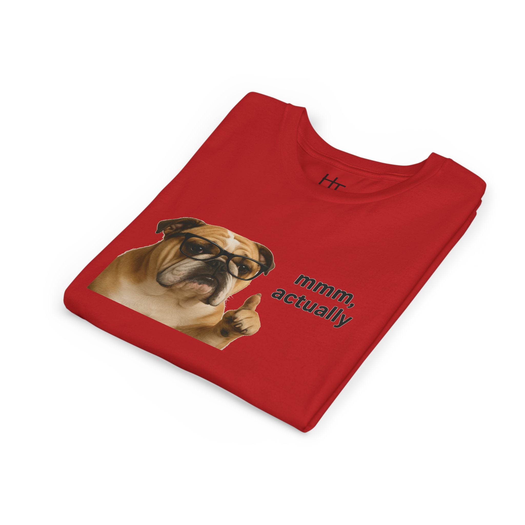 Youth Tee — Funny Bulldog Graphic “mmm, actually” Kids Shirt
