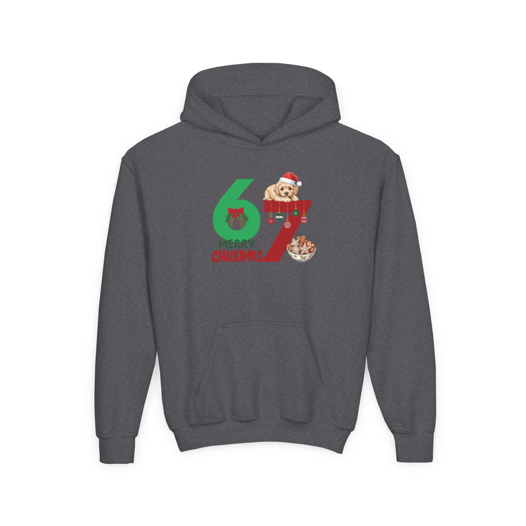 Youth Christmas Hoodie "67 Merry Christmas" Cute Santa Puppy Design