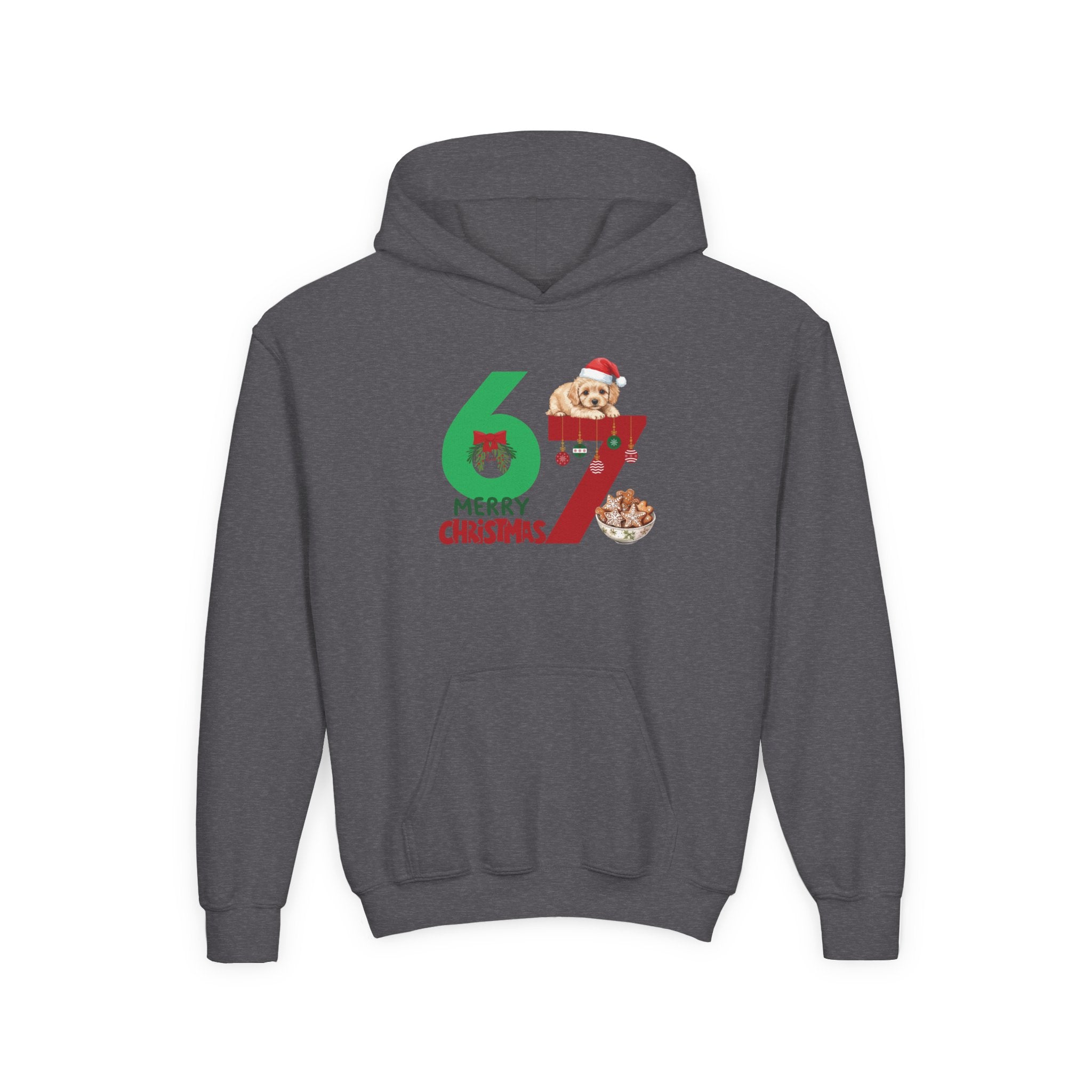 Youth Christmas Hoodie "67 Merry Christmas" Cute Santa Puppy Design