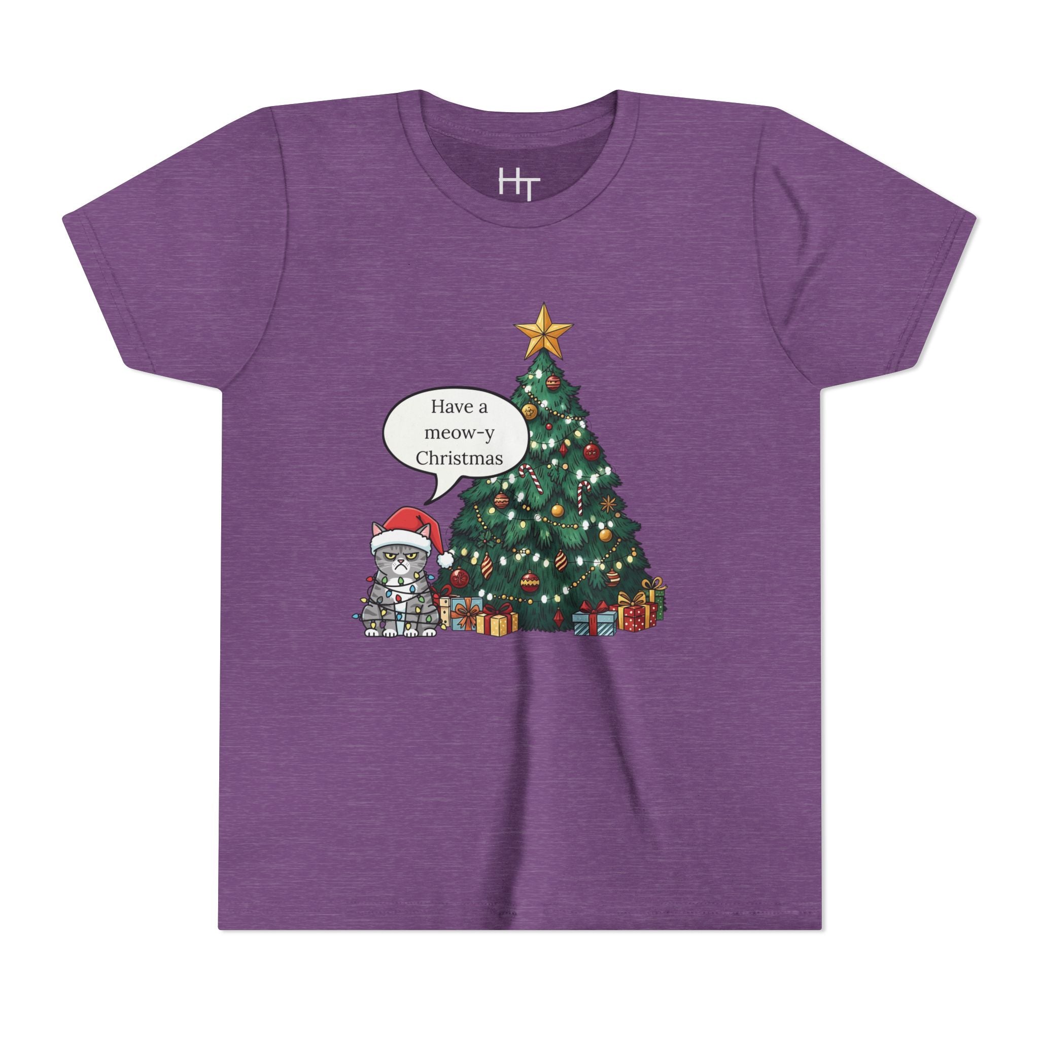Youth Tee — "Have a Meowy Christmas" Cat & Christmas Tree Holiday Shirt