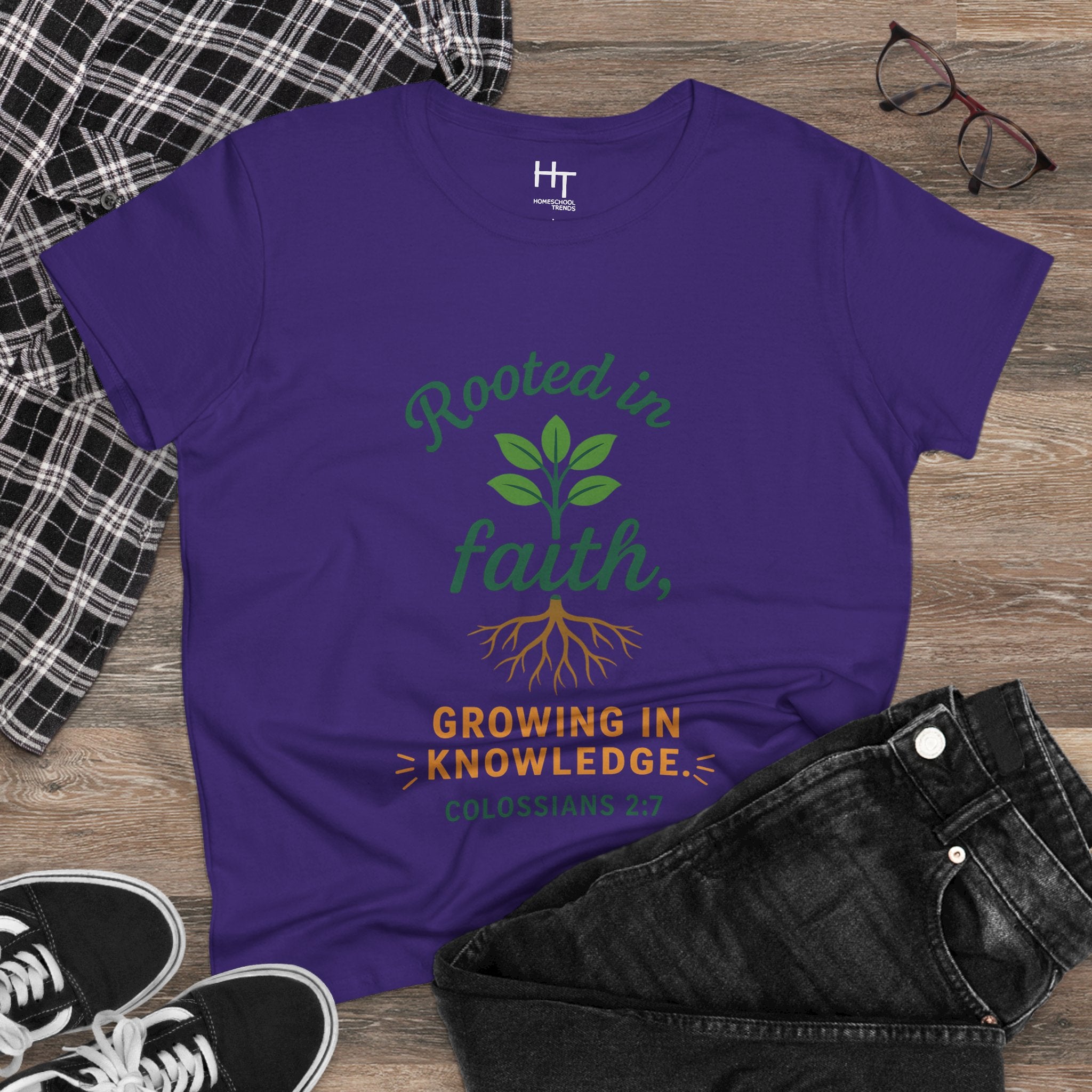 Rooted in Faith Women's Tee — "Growing in Knowledge" Colossians 2:7 Christian T-Shirt