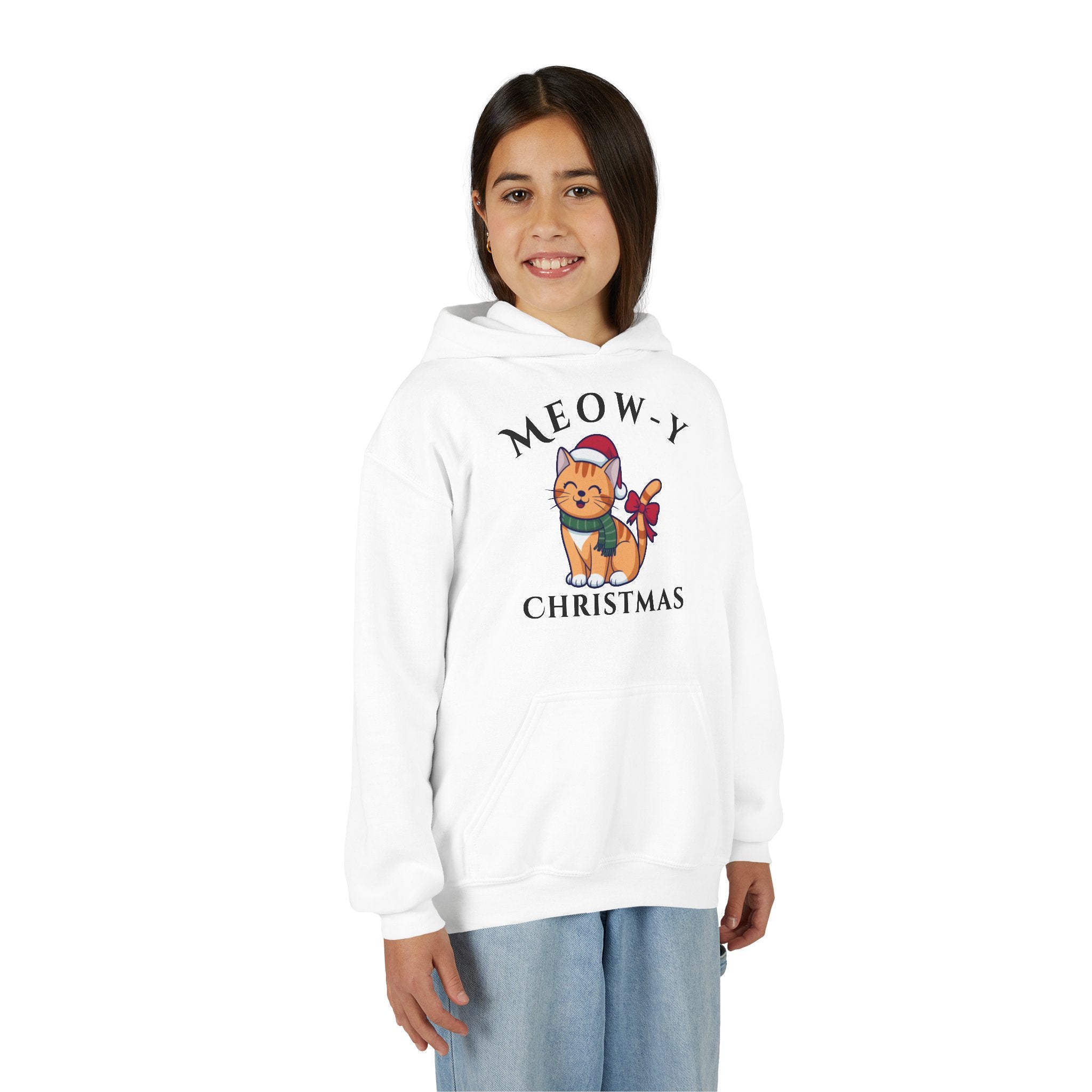 Meowy Christmas Youth Hoodie — Cute Cat Santa Holiday Sweatshirt