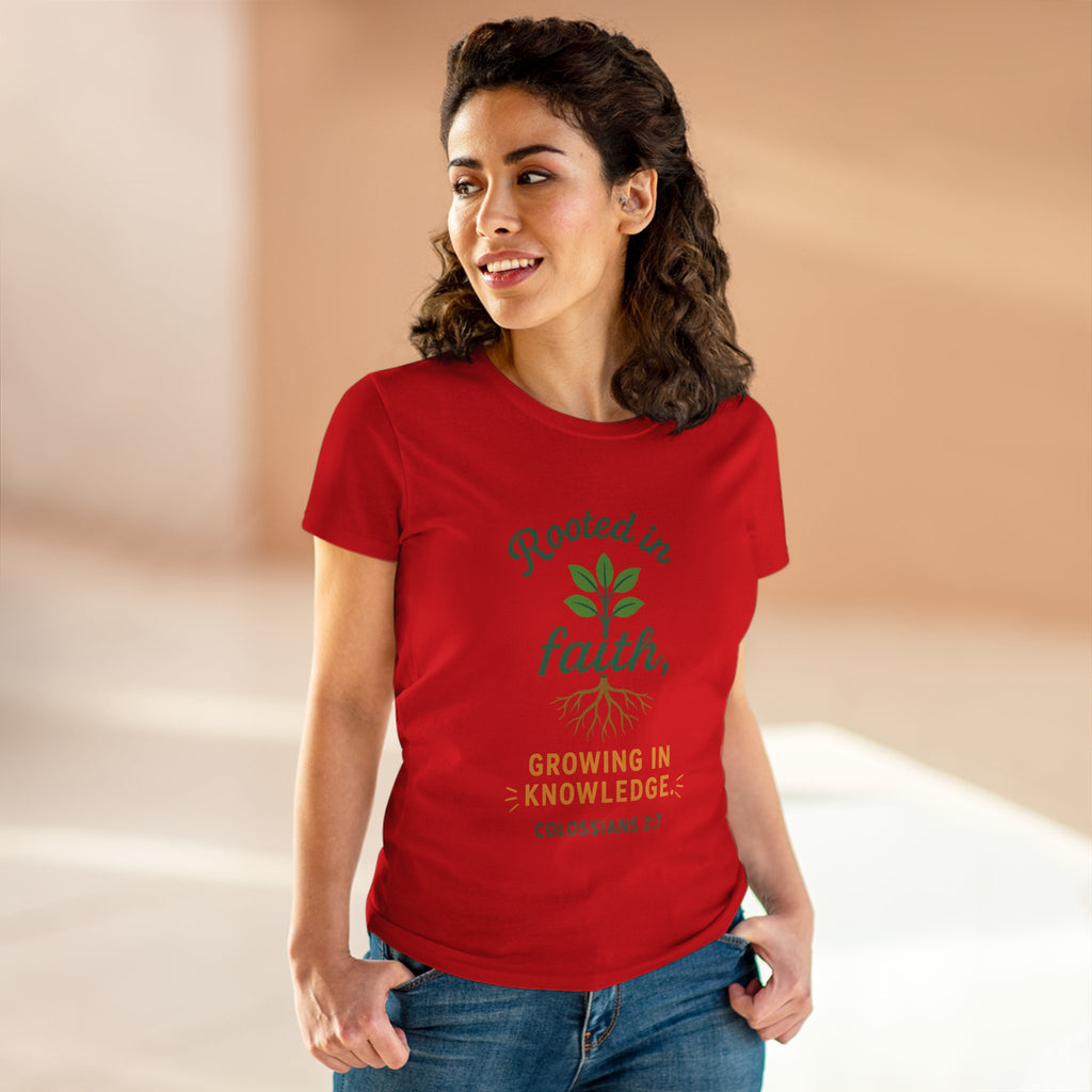 Rooted in Faith Women's Tee — "Growing in Knowledge" Colossians 2:7 Christian T-Shirt