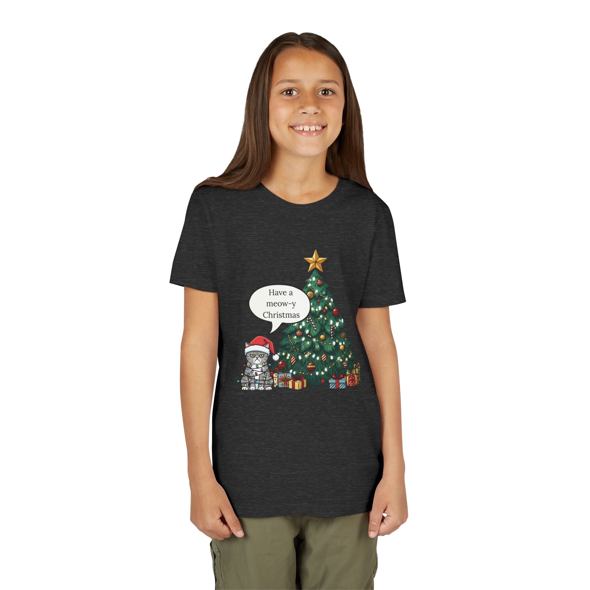 Youth Tee — "Have a Meowy Christmas" Cat & Christmas Tree Holiday Shirt