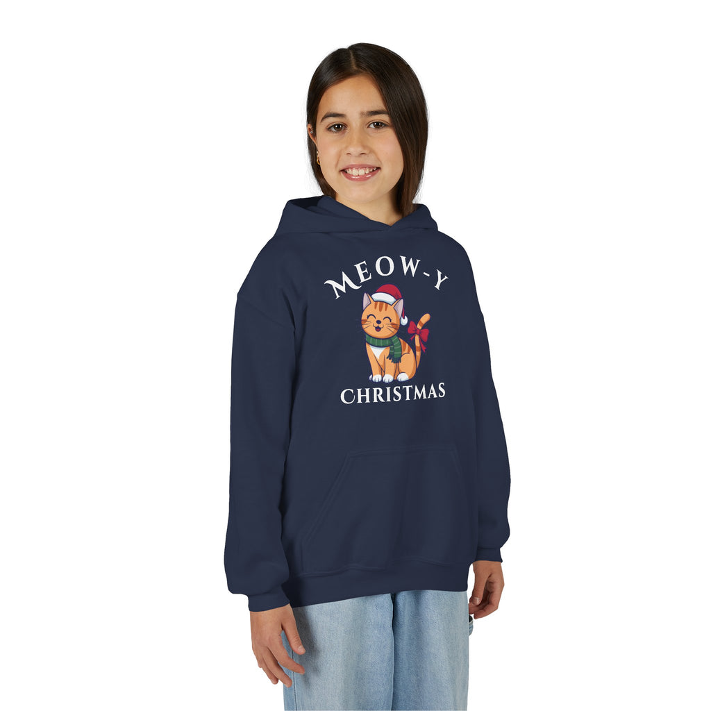 Meowy Christmas Youth Hoodie — Cute Cat Santa Holiday Sweatshirt