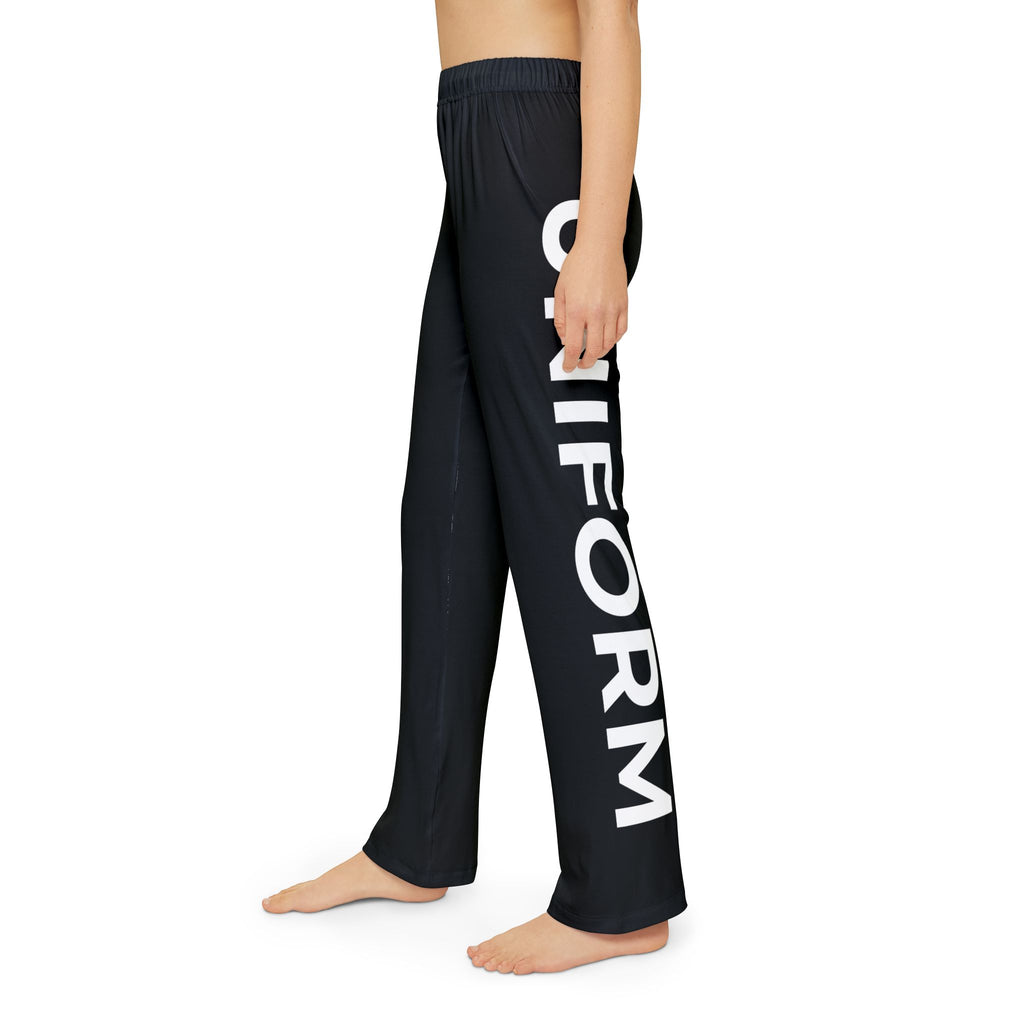 Kids Lounge Pants — Black AOP with Bold 'SCHOOL' and 'UNIFORM' side strips