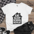 Eat Sleep School Repeat T-Shirt — Women’s Casual Graphic Tee for Homeschoolers